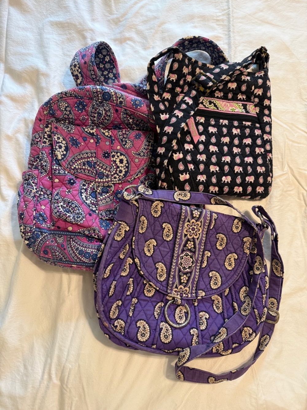 Lot of Vera Bradley Bags - Black and Purple Crossbody Bags and Pink Backpack